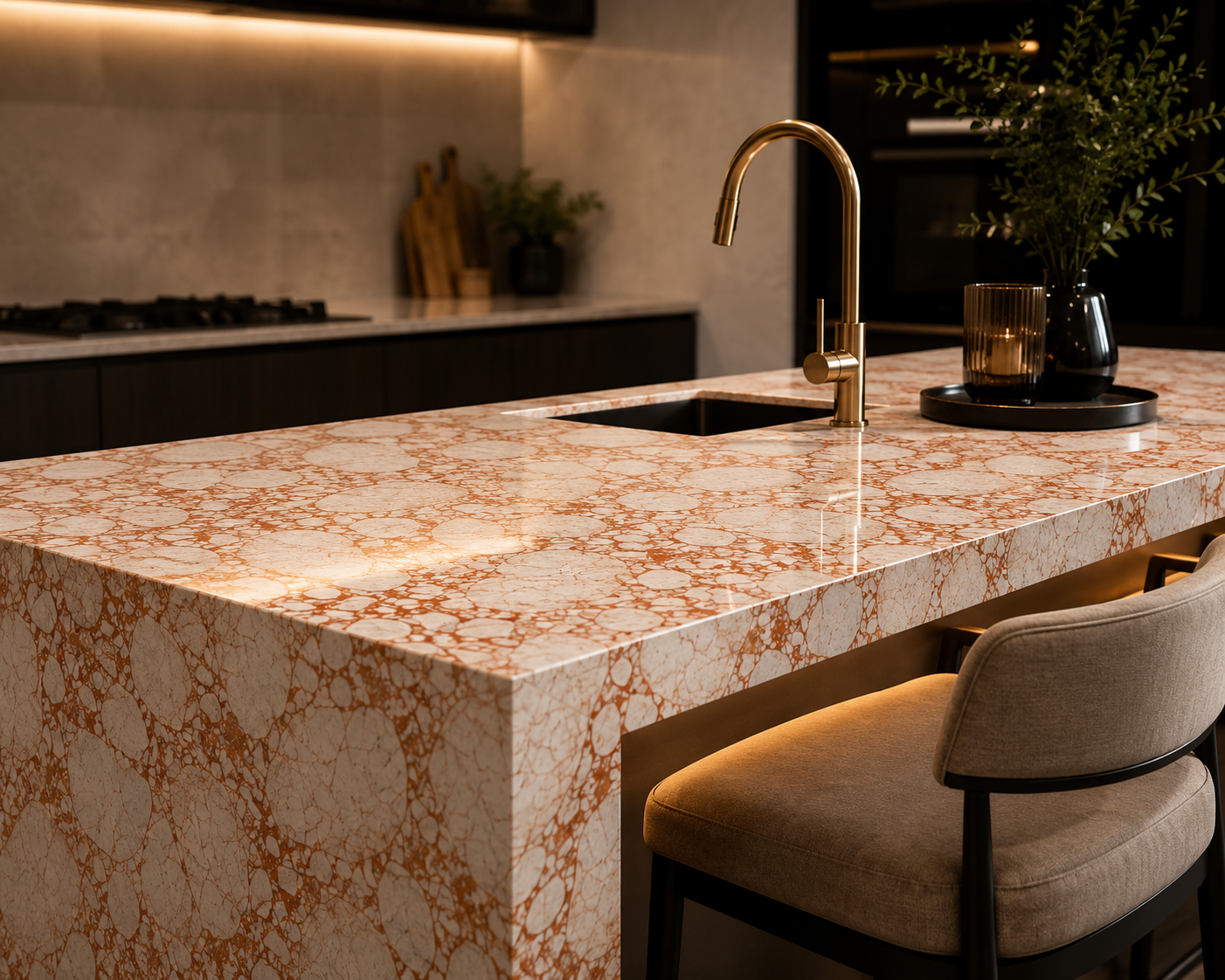 Waterfall edge kitchen island in stone